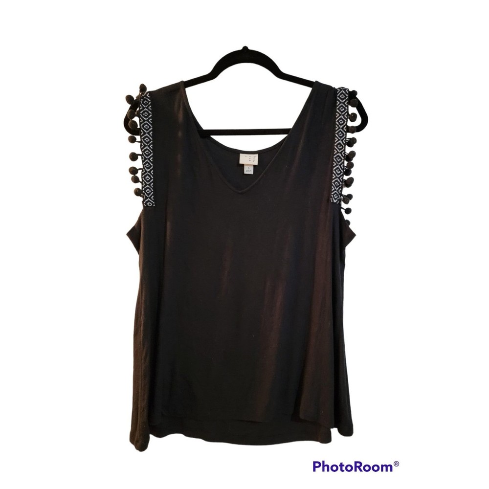 A New Day Black Embroidered Tassel Sleeve Tank Size L